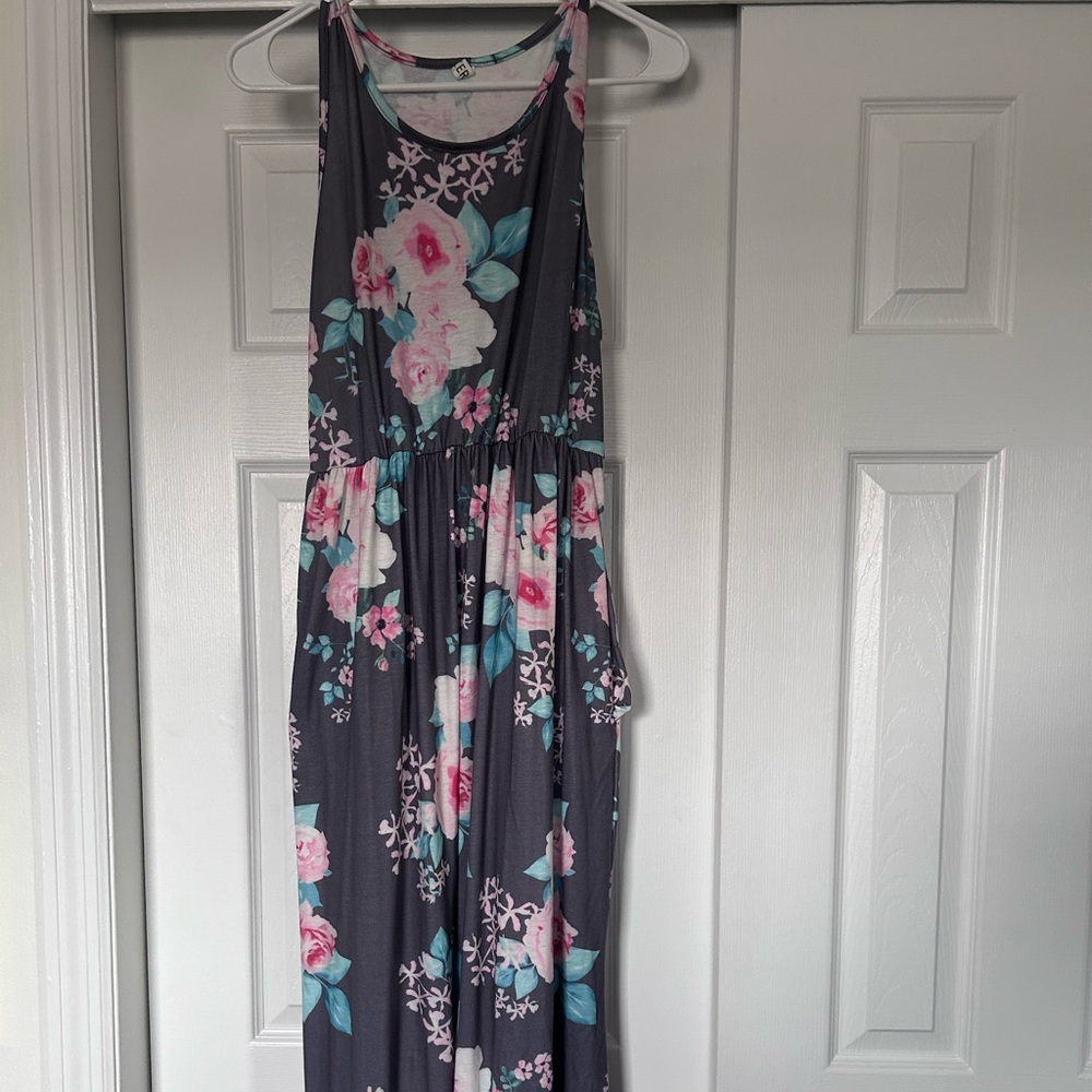 Floral Gray Dress with Pink and Blue Accents